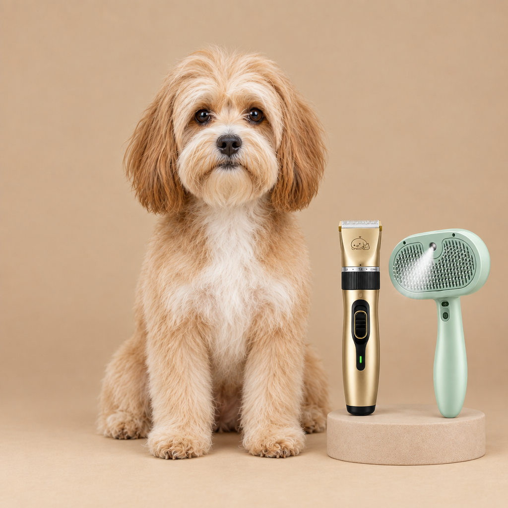 Mascota arreglada junto a la maquinilla y el cepillo vaporizador, después